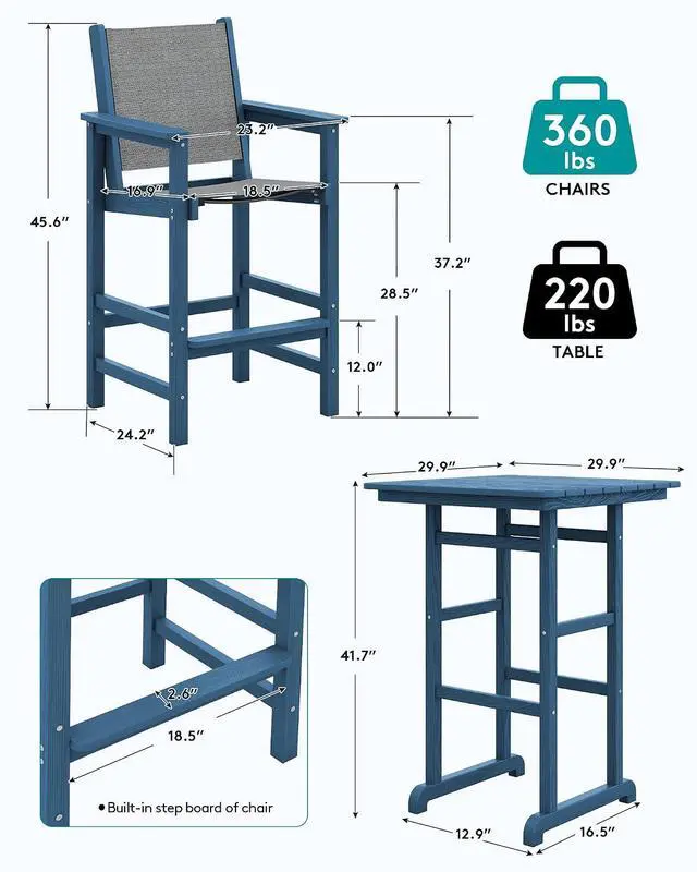 Alt view image 4 of 7 - 3 Pieces Textilene Adirondack Bar Set, Tall Adirondack Bar Height Chairs with Bar Table, Sling Balcony Adirondack Chairs, Weather Resistance Resin Outdoor Bar Height Stools, Blue