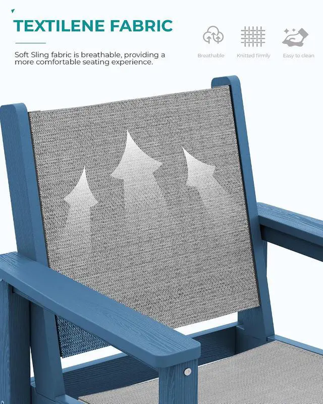 Alt view image 3 of 7 - 3 Pieces Textilene Adirondack Bar Set, Tall Adirondack Bar Height Chairs with Bar Table, Sling Balcony Adirondack Chairs, Weather Resistance Resin Outdoor Bar Height Stools, Blue
