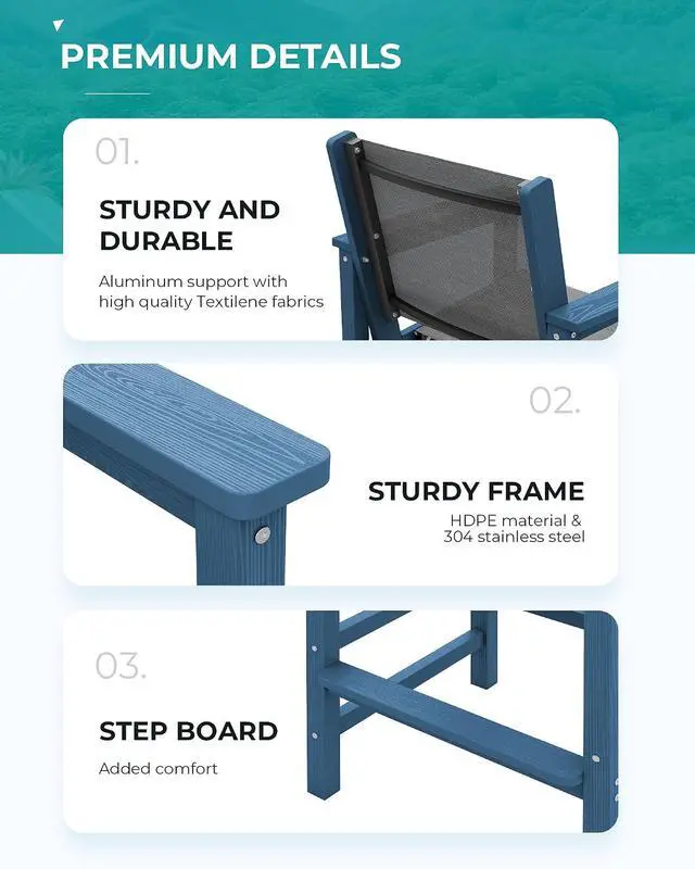 Alt view image 6 of 7 - 3 Pieces Textilene Adirondack Bar Set, Tall Adirondack Bar Height Chairs with Bar Table, Sling Balcony Adirondack Chairs, Weather Resistance Resin Outdoor Bar Height Stools, Blue
