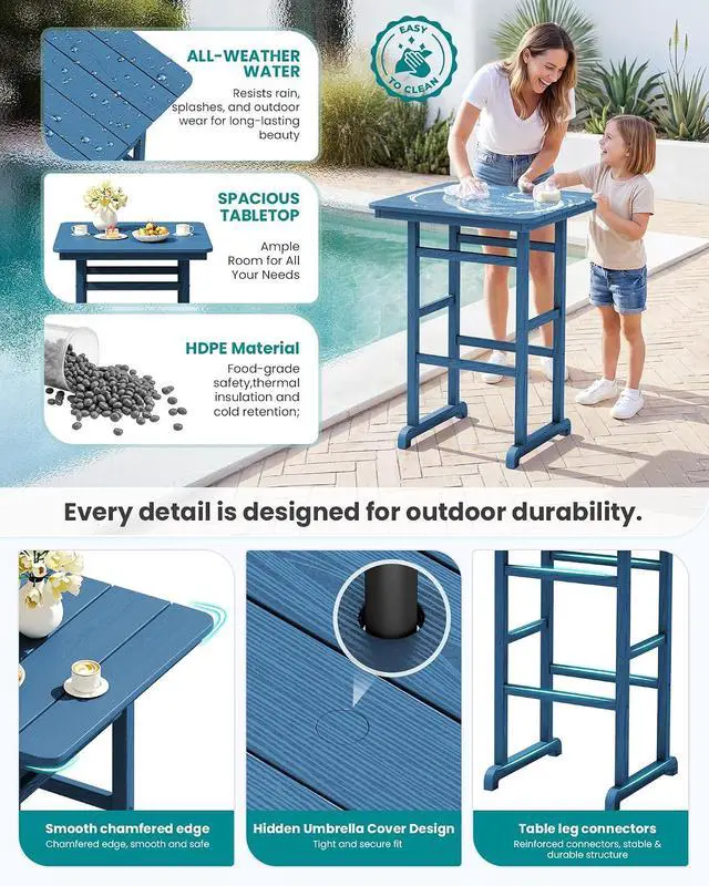 Alt view image 3 of 7 - Balcony Adirondack Chairs and Table 3 Pieces Set, Adirondack Bar Height Chairs Set of 2 and Bar Table, Outdoor Bar Stools Set for Bistro, Poolside, Backyard, Blue