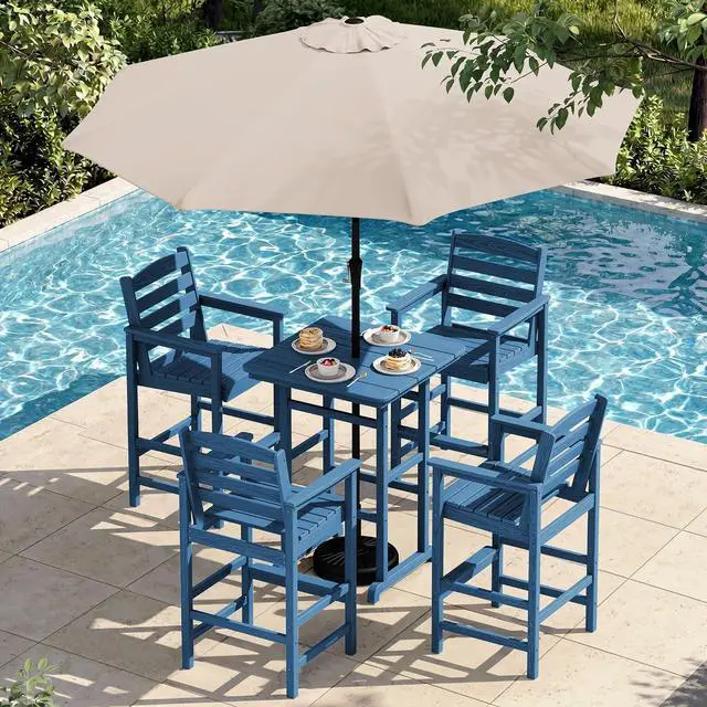 Main image of 6 Pieces Outdoor Patio Bar Set with 9ft Umbrella, Outdoor HDPE Barstool and Table Furniture Set with Patio Umbrella, Blue