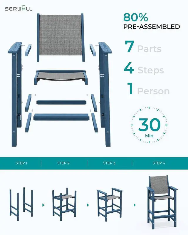 Alt view image 7 of 7 - 3 Pieces Textilene Adirondack Bar Set, Tall Adirondack Bar Height Chairs with Bar Table, Sling Balcony Adirondack Chairs, Weather Resistance Resin Outdoor Bar Height Stools, Blue