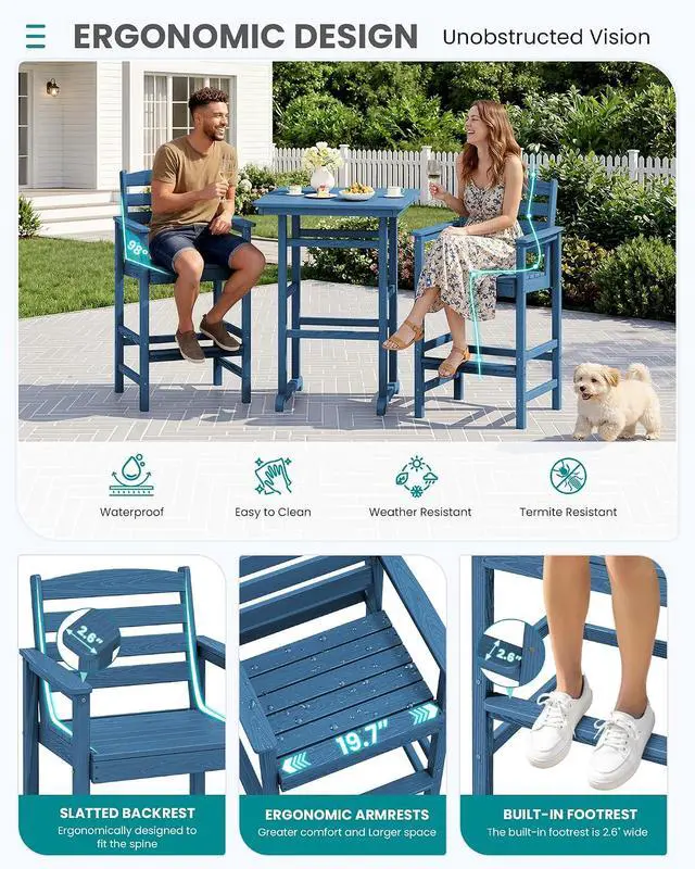 Alt view image 4 of 7 - Balcony Adirondack Chairs and Table 3 Pieces Set, Adirondack Bar Height Chairs Set of 2 and Bar Table, Outdoor Bar Stools Set for Bistro, Poolside, Backyard, Blue