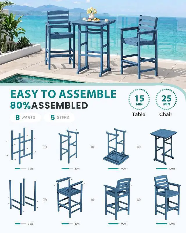 Alt view image 6 of 7 - Balcony Adirondack Chairs and Table 3 Pieces Set, Adirondack Bar Height Chairs Set of 2 and Bar Table, Outdoor Bar Stools Set for Bistro, Poolside, Backyard, Blue