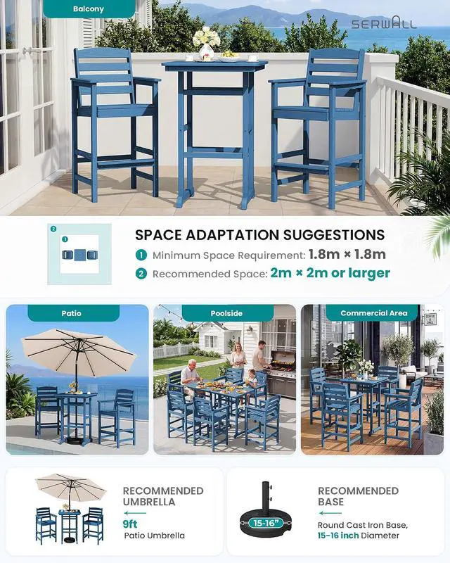 Alt view image 7 of 7 - Balcony Adirondack Chairs and Table 3 Pieces Set, Adirondack Bar Height Chairs Set of 2 and Bar Table, Outdoor Bar Stools Set for Bistro, Poolside, Backyard, Blue