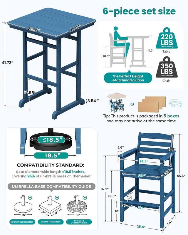 Alt view image 5 of 7 - 6 Pieces Outdoor Patio Bar Set with 9ft Umbrella, Outdoor HDPE Barstool and Table Furniture Set with Patio Umbrella, Blue