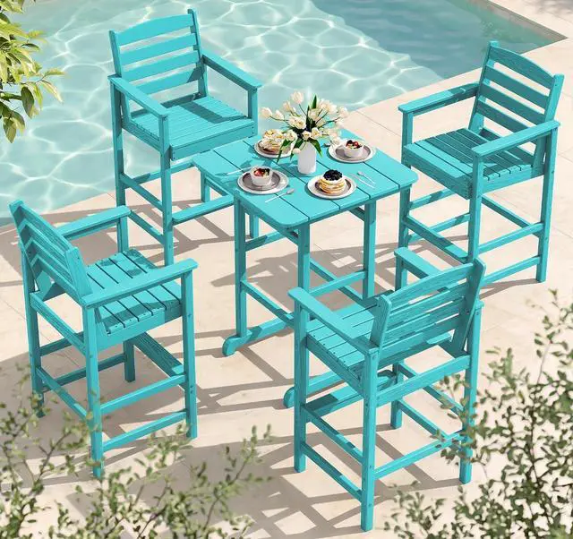 Main image of 5 Pieces Adirondack Bar Chairs Set, HDPE Outdoor Barstool Furniture, Aruba