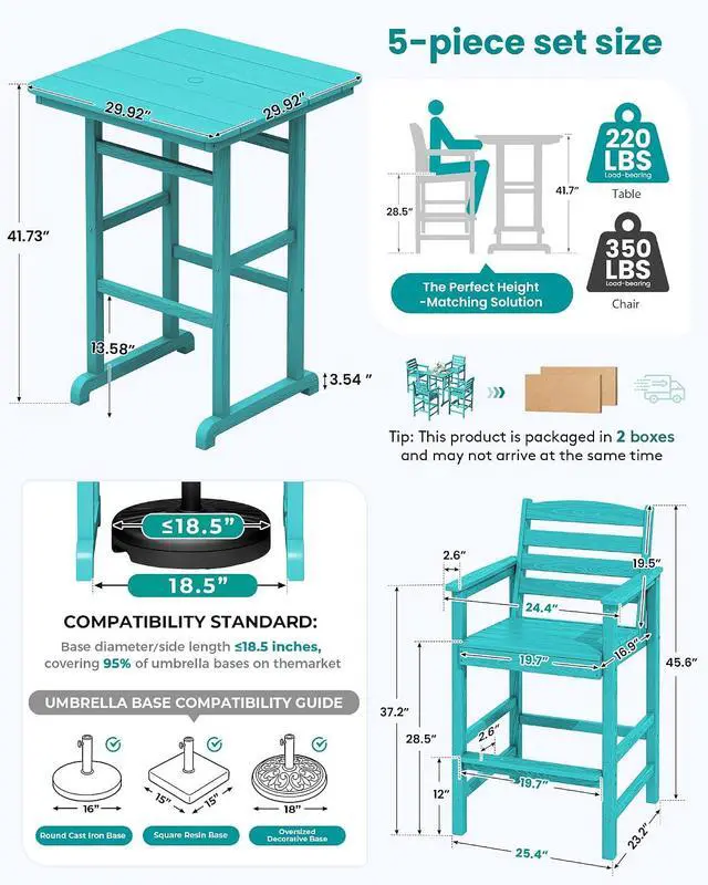 Alt view image 4 of 7 - 5 Pieces Adirondack Bar Chairs Set, HDPE Outdoor Barstool Furniture, Aruba