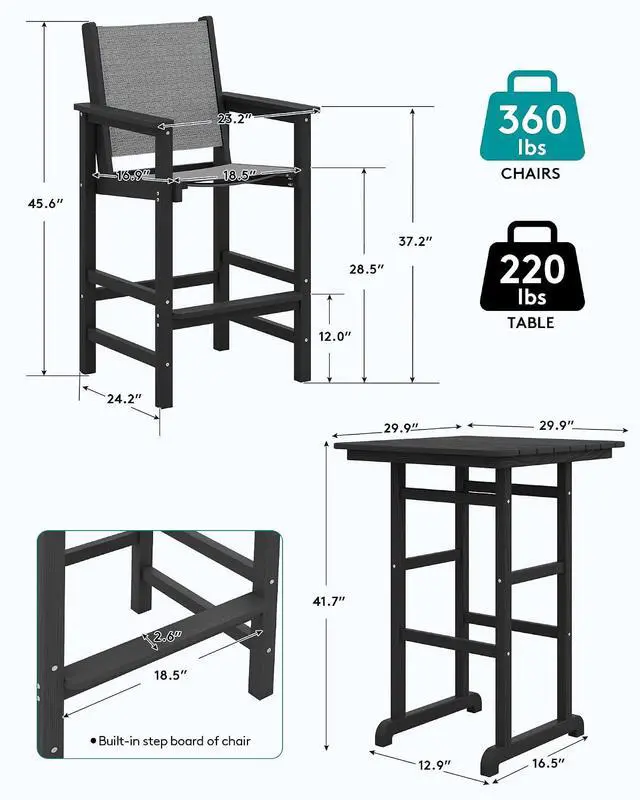 Alt view image 3 of 7 - Textilene Adirondack Bar Chairs Set of 2, Tall Adirondack Bar Height Chairs, Sling Balcony Adirondack Chairs, Weather Resistance Resin Outdoor Bar Height Stools, Black