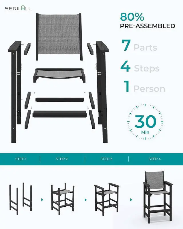 Alt view image 6 of 7 - Textilene Adirondack Bar Chairs Set of 2, Tall Adirondack Bar Height Chairs, Sling Balcony Adirondack Chairs, Weather Resistance Resin Outdoor Bar Height Stools, Black
