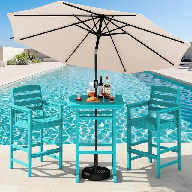 Main image of 4 Pieces Outdoor Patio Bar Set with 9ft Umbrella, Outdoor HDPE Barstool and Table Furniture Set with Patio Umbrella, Aruba