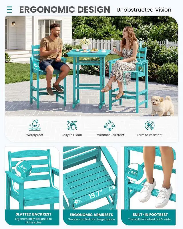 Alt view image 5 of 7 - Balcony Adirondack Chairs and Table 3 Pieces Set, Adirondack Bar Height Chairs Set of 2 and Bar Table, Outdoor Bar Stools Set for Bistro, Poolside, Backyard, Aruba
