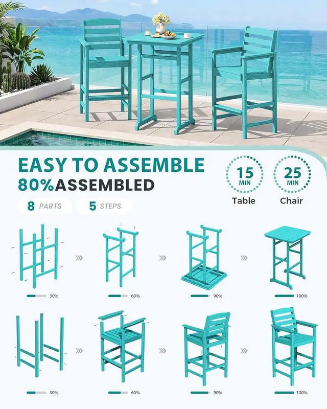 Alt view image 7 of 7 - Balcony Adirondack Chairs and Table 3 Pieces Set, Adirondack Bar Height Chairs Set of 2 and Bar Table, Outdoor Bar Stools Set for Bistro, Poolside, Backyard, Aruba