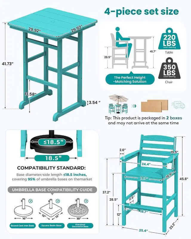 Alt view image 6 of 7 - 4 Pieces Outdoor Patio Bar Set with 9ft Umbrella, Outdoor HDPE Barstool and Table Furniture Set with Patio Umbrella, Aruba