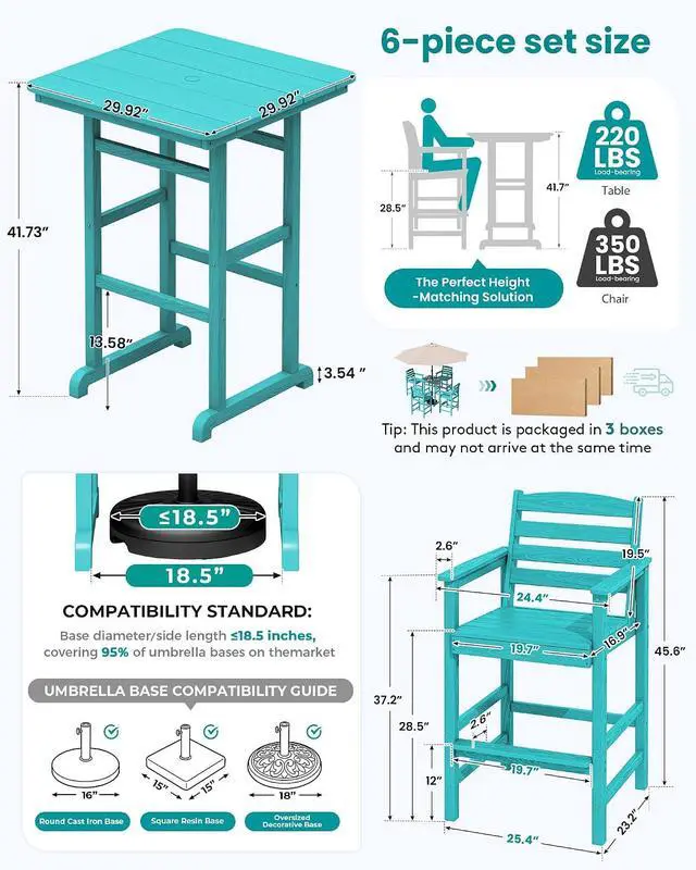 Alt view image 6 of 7 - 6 Pieces Outdoor Patio Bar Set with 9ft Umbrella, Outdoor HDPE Barstool and Table Furniture Set with Patio Umbrella, Aruba