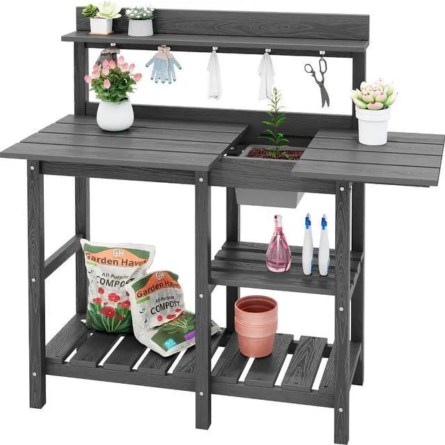 Main image of Outdoor Potting Bench with Removeable Sink,Rot-Resistant HDPE Potting Table for Outside Gardening, All Weather Use - Gray