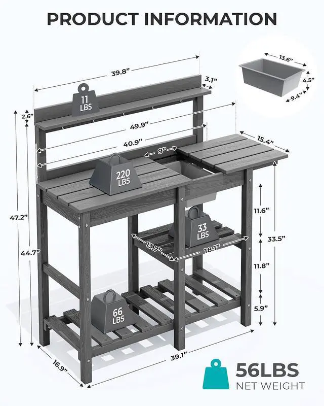 Alt view image 3 of 7 - Outdoor Potting Bench with Removeable Sink,Rot-Resistant HDPE Potting Table for Outside Gardening, All Weather Use - Gray