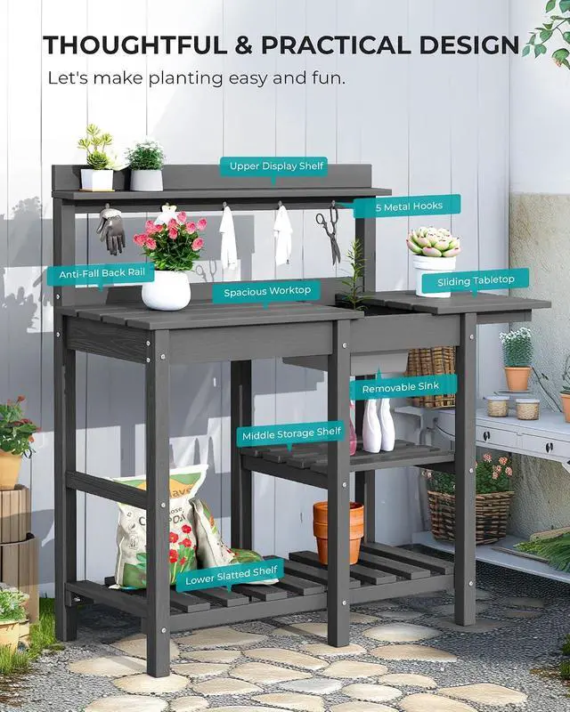 Alt view image 7 of 7 - Outdoor Potting Bench with Removeable Sink,Rot-Resistant HDPE Potting Table for Outside Gardening, All Weather Use - Gray