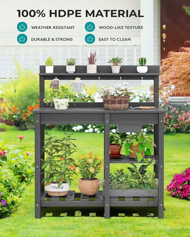 Alt view image 6 of 7 - Outdoor Potting Bench with Removeable Sink,Rot-Resistant HDPE Potting Table for Outside Gardening, All Weather Use - Gray