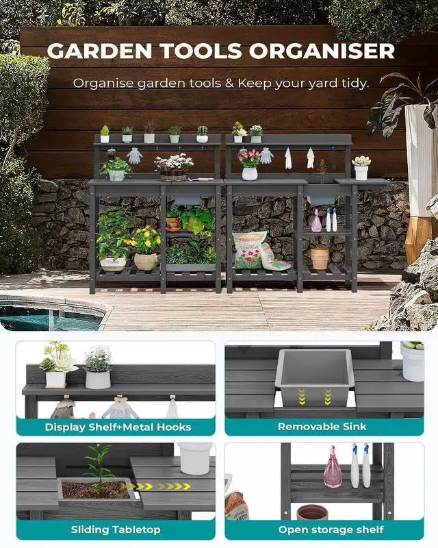 Alt view image 5 of 7 - Outdoor Potting Bench with Removeable Sink,Rot-Resistant HDPE Potting Table for Outside Gardening, All Weather Use - Gray