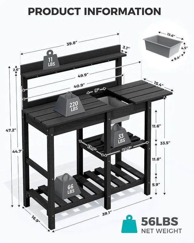 Alt view image 3 of 7 - Outdoor Potting Bench 2-Piece Set, Rot-Resistant HDPE Potting Table with Removable Sink for Outside Gardening, All-Weather Use - Black
