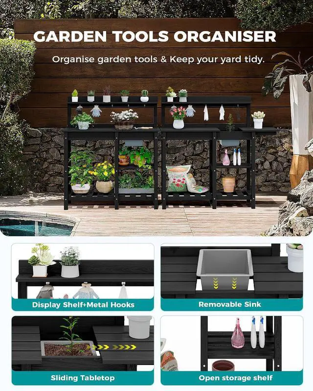 Alt view image 5 of 7 - Outdoor Potting Bench with Removeable Sink,Rot-Resistant HDPE Potting Table for Outside Gardening, All Weather Use - Black