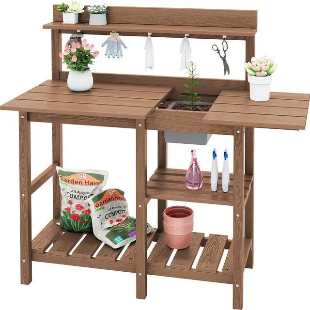 Main image of Outdoor Potting Bench with Removeable Sink,Rot-Resistant HDPE Potting Table for Outside Gardening, All Weather Use - Brown