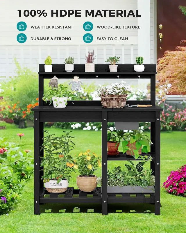 Alt view image 7 of 7 - Outdoor Potting Bench 2-Piece Set, Rot-Resistant HDPE Potting Table with Removable Sink for Outside Gardening, All-Weather Use - Black