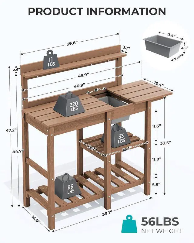 Alt view image 3 of 7 - Outdoor Potting Bench with Removeable Sink,Rot-Resistant HDPE Potting Table for Outside Gardening, All Weather Use - Brown