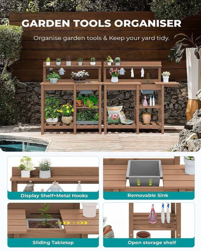 Alt view image 5 of 7 - Outdoor Potting Bench with Removeable Sink,Rot-Resistant HDPE Potting Table for Outside Gardening, All Weather Use - Brown
