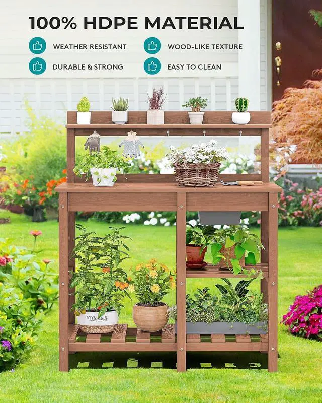 Alt view image 7 of 7 - Outdoor Potting Bench with Removeable Sink,Rot-Resistant HDPE Potting Table for Outside Gardening, All Weather Use - Brown