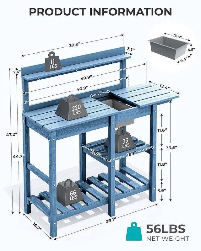 Alt view image 3 of 7 - Outdoor Potting Bench with Removeable Sink,Rot-Resistant HDPE Potting Table for Outside Gardening, All Weather Use - Blue