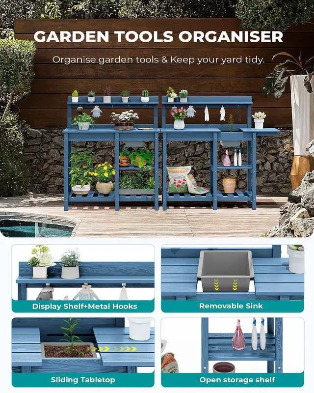 Alt view image 5 of 7 - Outdoor Potting Bench with Removeable Sink,Rot-Resistant HDPE Potting Table for Outside Gardening, All Weather Use - Blue