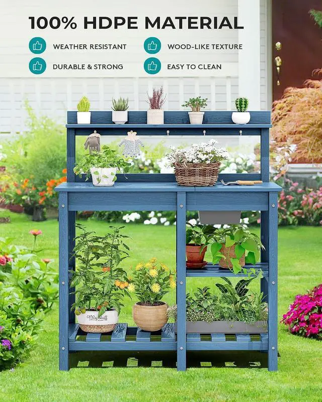 Alt view image 7 of 7 - Outdoor Potting Bench with Removeable Sink,Rot-Resistant HDPE Potting Table for Outside Gardening, All Weather Use - Blue