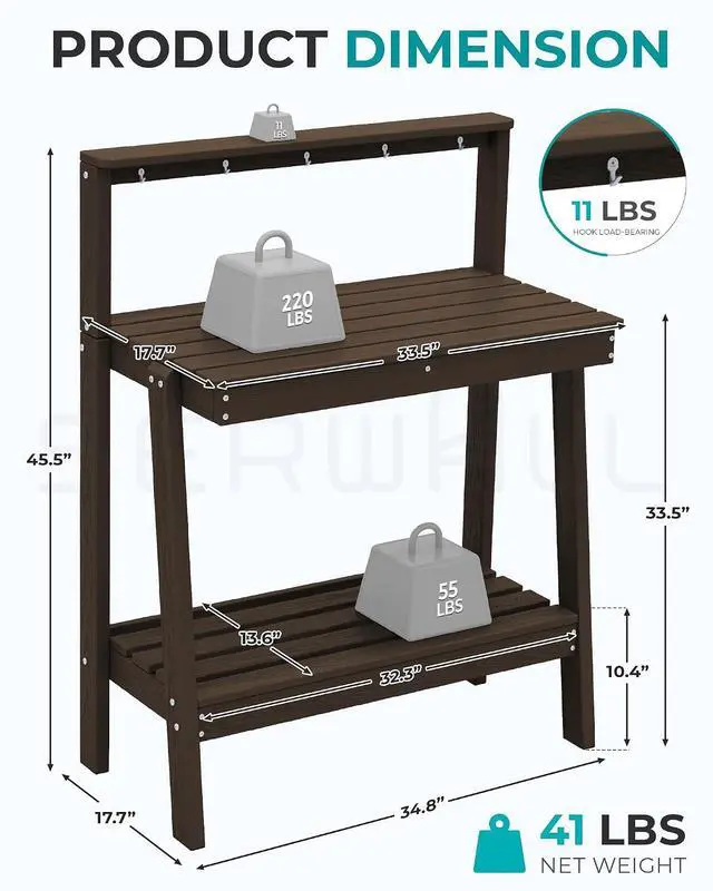 Alt view image 3 of 7 - Potting Bench Outdoor with Storage, 3-Tier HDPE Gardening Table with Angled Legs & Tool Hooks, All-Weather Heavy Duty Potting Table for Patio, Backyard, Garden, Coffee