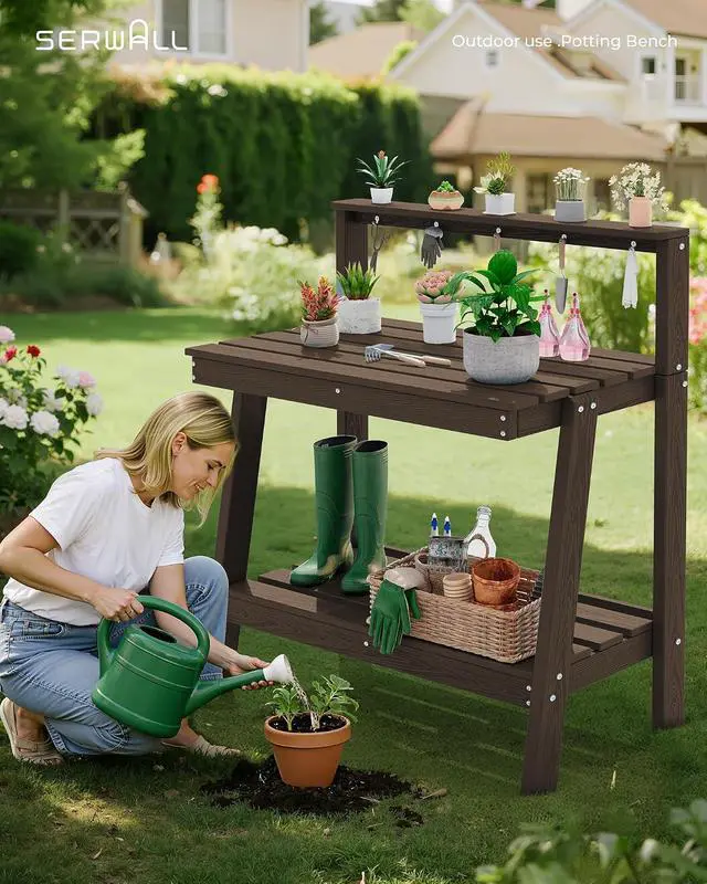 Alt view image 4 of 7 - Potting Bench Outdoor with Storage, 3-Tier HDPE Gardening Table with Angled Legs & Tool Hooks, All-Weather Heavy Duty Potting Table for Patio, Backyard, Garden, Coffee