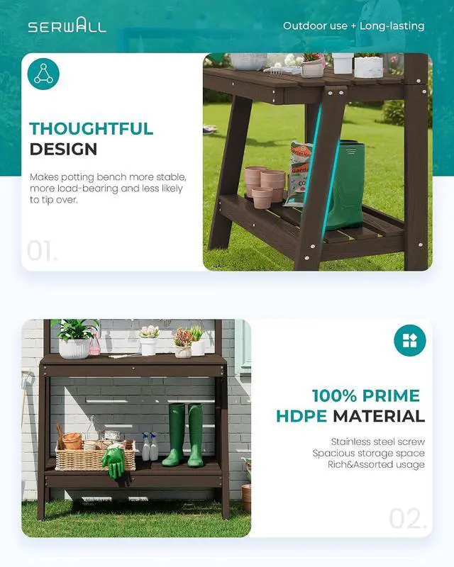 Alt view image 7 of 7 - Potting Bench Outdoor with Storage, 3-Tier HDPE Gardening Table with Angled Legs & Tool Hooks, All-Weather Heavy Duty Potting Table for Patio, Backyard, Garden, Coffee