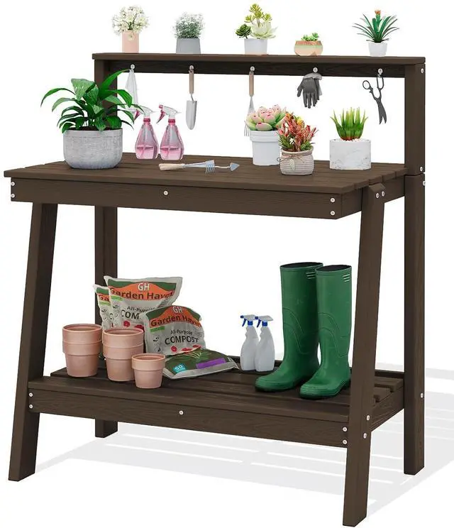 Main image of Potting Bench Outdoor with Storage, 3-Tier HDPE Gardening Table with Angled Legs & Tool Hooks, All-Weather Heavy Duty Potting Table for Patio, Backyard, Garden, Coffee