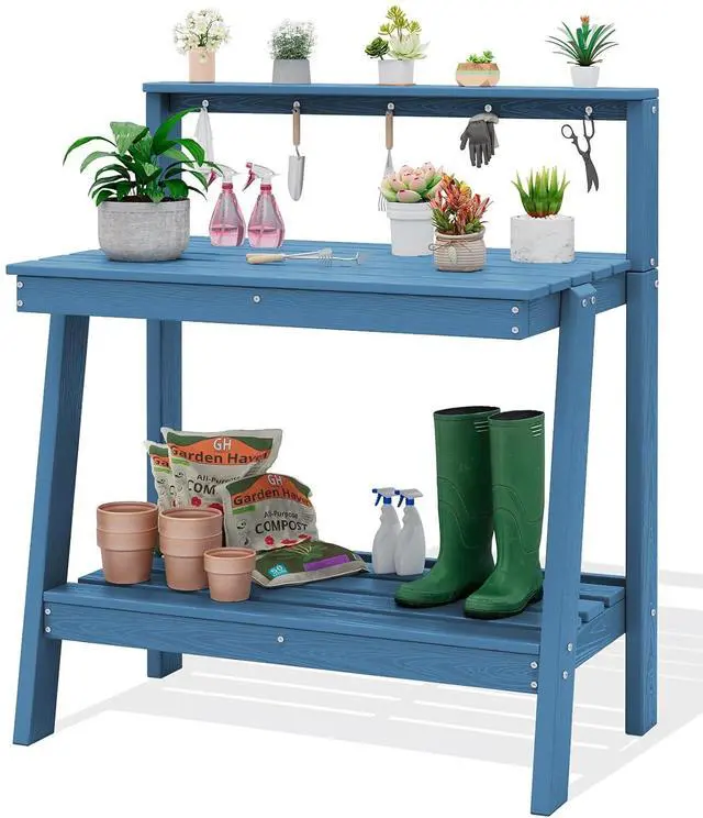 Main image of Potting Bench Outdoor with Storage, 3-Tier HDPE Gardening Table with Angled Legs & Tool Hooks, All-Weather Heavy Duty Potting Table for Patio, Backyard, Garden, Blue