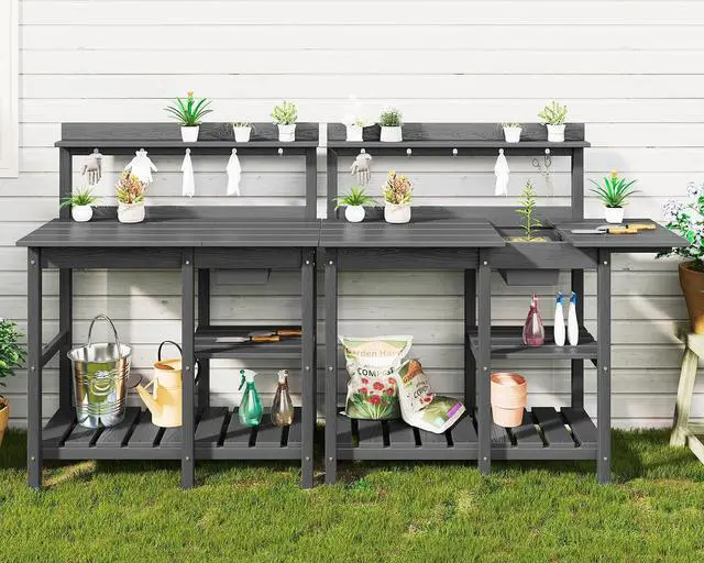 Main image of Outdoor Potting Bench 2-Piece Set, Rot-Resistant HDPE Potting Table with Removable Sink for Outside Gardening, All-Weather Use - Gray