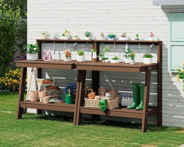Main image of Potting Bench Outdoor with Storage Set of 2, 3-Tier HDPE Gardening Table with Angled Legs & Tool Hooks, All-Weather Heavy Duty Potting Table for Patio, Backyard, Garden, Brown