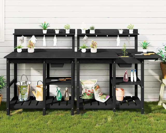 Main image of Outdoor Potting Bench 2-Piece Set, Rot-Resistant HDPE Potting Table with Removable Sink for Outside Gardening, All-Weather Use - Black