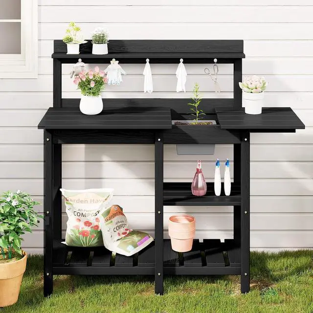 Alt view image 5 of 7 - Outdoor Potting Bench 2-Piece Set, Rot-Resistant HDPE Potting Table with Removable Sink for Outside Gardening, All-Weather Use - Black
