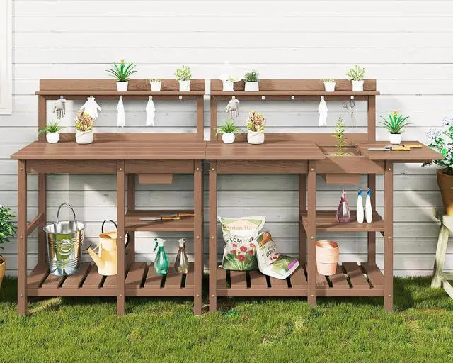 Main image of Outdoor Potting Bench 2-Piece Set, Rot-Resistant HDPE Potting Table with Removable Sink for Outside Gardening, All-Weather Use - Brown