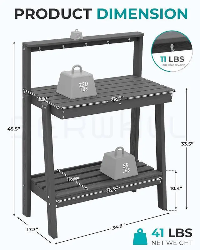 Alt view image 3 of 7 - Potting Bench Outdoor with Storage Set of 2, 3-Tier HDPE Gardening Table with Angled Legs & Tool Hooks, All-Weather Heavy Duty Potting Table for Patio, Backyard, Garden, Black