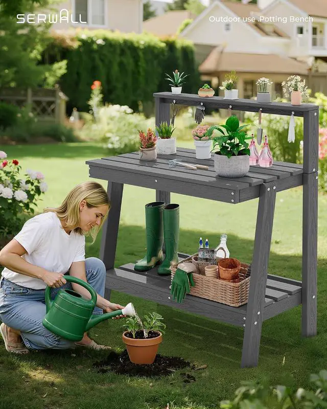 Alt view image 4 of 7 - Potting Bench Outdoor with Storage Set of 2, 3-Tier HDPE Gardening Table with Angled Legs & Tool Hooks, All-Weather Heavy Duty Potting Table for Patio, Backyard, Garden, Black