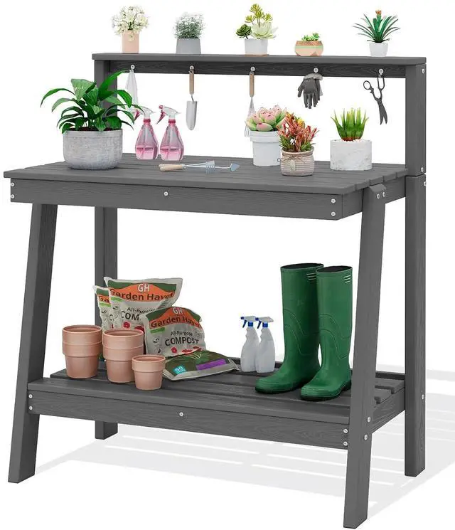 Main image of Potting Bench Outdoor with Storage, 3-Tier HDPE Gardening Table with Angled Legs & Tool Hooks, All-Weather Heavy Duty Potting Table for Patio, Backyard, Garden, Grey