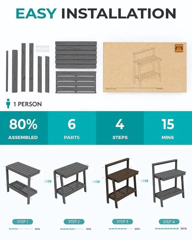 Alt view image 6 of 7 - Potting Bench Outdoor with Storage Set of 2, 3-Tier HDPE Gardening Table with Angled Legs & Tool Hooks, All-Weather Heavy Duty Potting Table for Patio, Backyard, Garden, Black