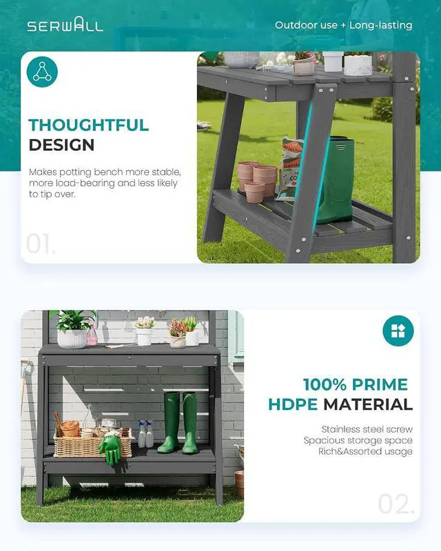 Alt view image 7 of 7 - Potting Bench Outdoor with Storage Set of 2, 3-Tier HDPE Gardening Table with Angled Legs & Tool Hooks, All-Weather Heavy Duty Potting Table for Patio, Backyard, Garden, Black