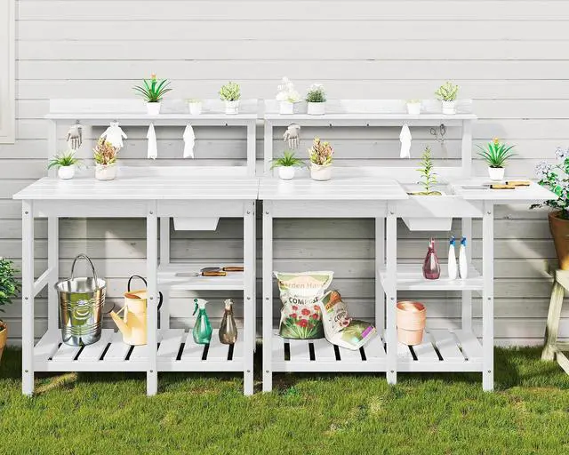 Main image of Outdoor Potting Bench 2-Piece Set, Rot-Resistant HDPE Potting Table with Removable Sink for Outside Gardening, All-Weather Use - White